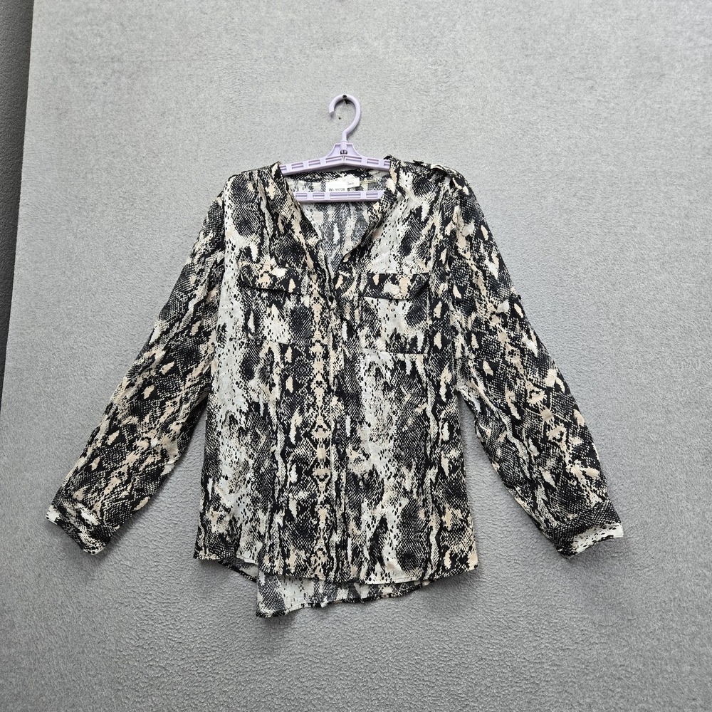 Calvin Klein Women Blouse Black Linen‎ Animal Print Button V-Neck Front Coastal